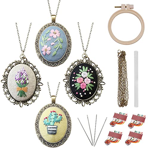Image of ZOCONE 4 Packs Embroidery Necklace Kits, Embroidery Pendant Kit Mini Cross Stitch Kit with Hoop, Necklace, Pendant, Stamped Pattern Cloth, Instructions, etc. Embroidery Kits for Adults