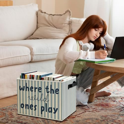 Image of Blue Stripe Boho Classroom Storage Bins Box with Handles, Where the Wild Ones Play Collapsible Basket Organizer for Kids Playroom Nursery Bedroom Bathroom Books Clothes