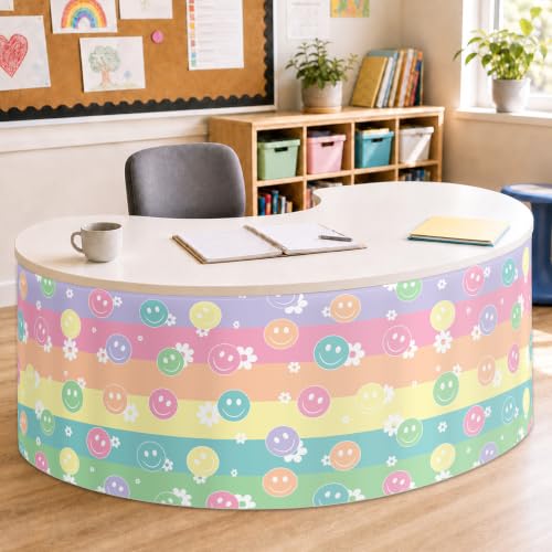 Image of 9FT Pastel Smiley Face Table Skirt Daisy Teacher Desk Skirt for Colorful Classroom Decor Rectangle Table Cloth Rainbow Tablecover for Back to School Party Decorations Home Office Bookcase Cabinet
