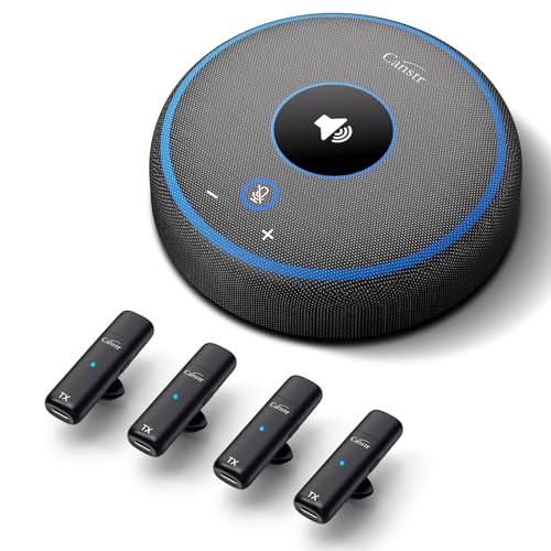 Canstr Conference Speaker with 4 Wireless Mics, USB Speakerphone with AI Noise Reduction&360° Voice Pickup, Conference Microphone Compatible with Leading Platforms (4 Wireless Mics)