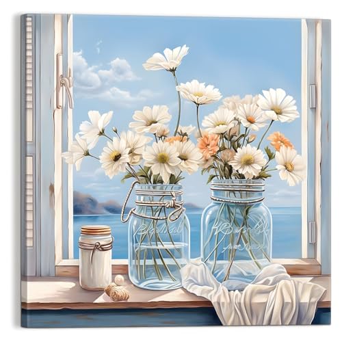3LDECOR Bathroom Wall Art Blue Mason Jar Daisy Flower Modern Decor artwork Canvas Print Pictures For Gifts, Hanging in Office, Dining Room, Kitchen, Living Room, Bedroom