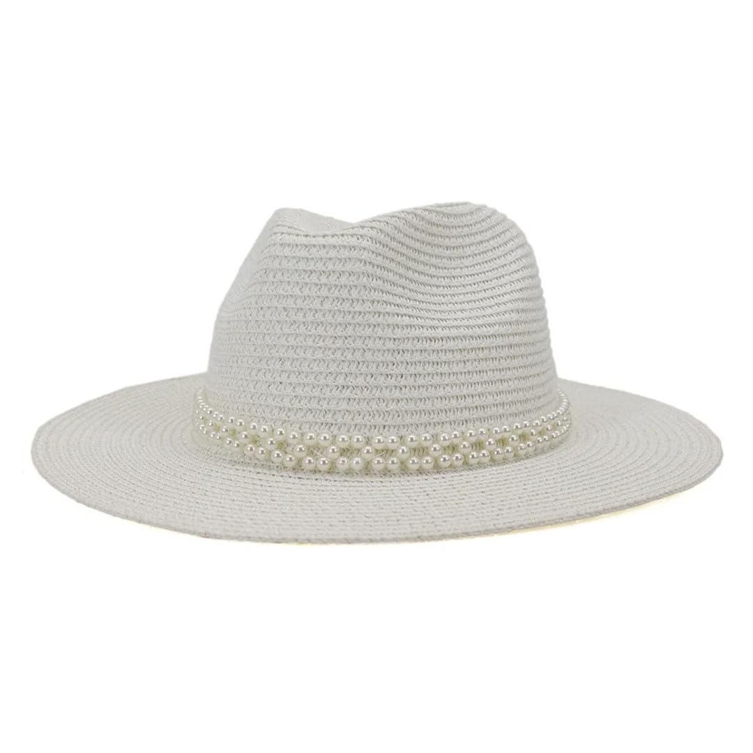 Sombrero de Paja Estilo Trilby de ala Ancha para Playa, Estilo Perla, para Mujer, Estilo Jazz (Blanco, 7 1/8)