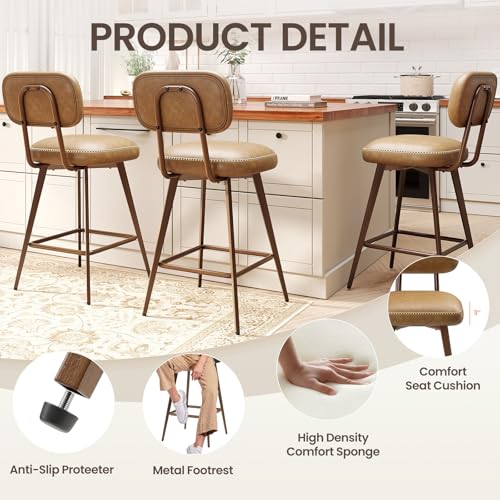 Image of MALOL 26 inch Swivel Bar Stools Set of 4, Mid Century PU Leather Counter Height Bar Chairs with Low Back and Metal Legs, Modern Bar Stool Chair for Kitchen Island, Brown