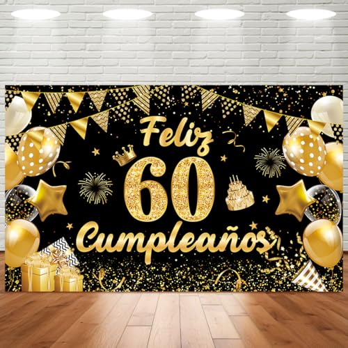 Banner feliz aniversário 60 anos, decoração 60 aniversários, ouro preto, faixa 60 aniversário 180 * 110 cm, cartaz feliz aniversário ornamentos de festa homem mulher