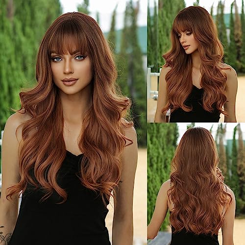 OUFEI Ombre Ginger Wigs with Bangs for Women Long Wavy Wig Natural Synthetic Hair Heat Resistant Wigs for Daily Party Cosplay Wear