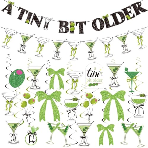 PAPER JAZZ 42PCS A Tini Bit Older Birthday Banner with Hanging Swirls Bow Decorations Olive Green Martini Party Decorations for Women, Coffee Party, Summer Birthday Party.