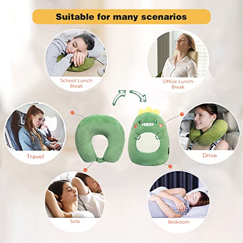 Image of Kids Travel Pillow - 2-in-1 Deformable Kids Neck Pillow for Traveling, Soft U-Shaped Pillow with Adorable Animal Design, Comfy Sleep and Play, Ideal for Airplanes Travel - Dinosaur