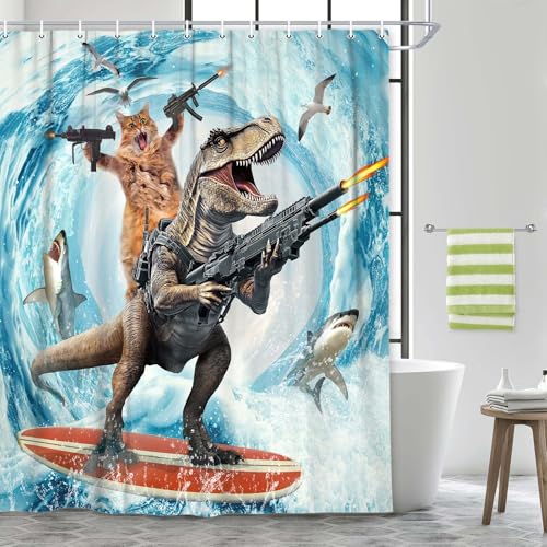 Image of Funny Cat Shower Curtain Set, Cute Cat Riding Dinosaur Surfing in Ocean Wave Ocean Theme Curtains for Bathroom, Surfer Dinosaur Nautical Polyester Fabric Waterproof Kids Bath Shower Curtain Decorative