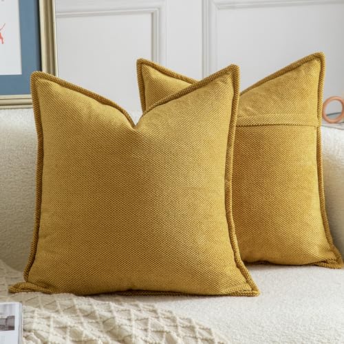 Madizz Lot de 2 Doux Housses de Coussin en Chenille avec Bordure Décorative pour Canapé Chambre à Coucher Salon Décoration Maison Moderne Jaune Moutarde 45x45 cm