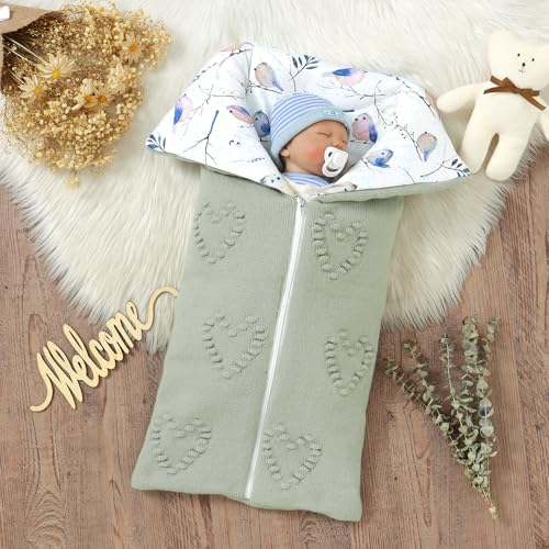 Image of Baby Winter Thick Swaddle Blankets Newborn Heart Dots Receiving Blanket Infant Soft Knit Warm Stroller Wraps for Baby Boys Girls (Green)
