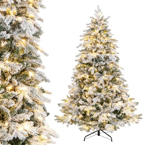 Image of Goplus 6ft Pre-Lit Snow Flocked Christmas Tree, Artificial Hinged Xmas Tree with 1415 Branch Tips, PE & PVC Mixed Leaves, 260 Warm-White LED Lights, Foldable Metal Base, for Home Office Holiday Decor
