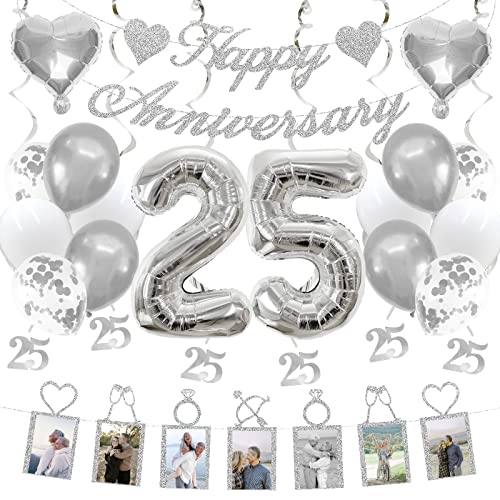 Concico 25th Anniversary Decorations Party Supplies Set of Happy Anniversary Photo Banner and Balloons Hanging Swirls for 25 year Wedding decor(silver)
