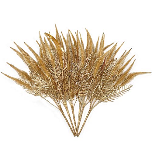 Fake Plants Christmas Decor, Artificial Golden Plant Fake Fern Shrubs Faux Plastic Leaves for Indoor Outdoor Home Garden Party Hall Wedding DIY Gold Foliage Decoration Tail Grass Bunches - 6 Pack