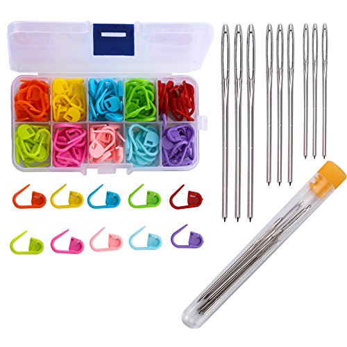 Maosifang 120 Locking Stitch Markers Knitting Counter and 9 Large-Eye Blunt Quilting Yarn Sewing Tapestry Darning Crafting Weaving Stringing Needles,3 Sizes