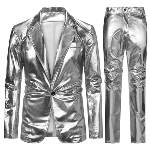 Allthemen Traje de 2 Piezas para Hombre Chaqueta de Esmoquin Ajustada Pantalones para Fiesta Disco Plateado M