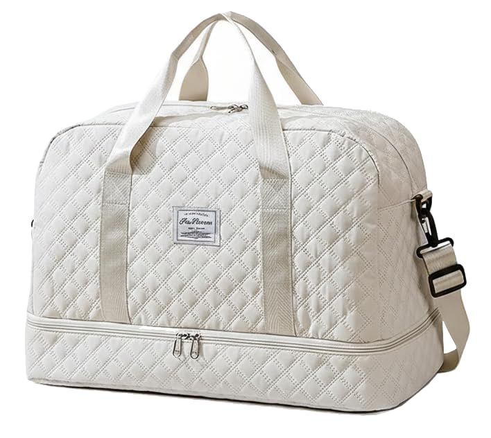 Image of WILDHORN 37 litres Nylon Travel Duffle Bag for Men & Women | 49 cm Weekender Gym Bag with Back Zipper Pocket & Trolley Strap | Overnight Cabin Luggage Shoulder Bag (Off-White)
