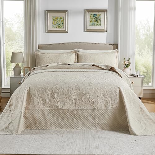 Image of Qucover Oversized King Bedspreads 128x120, Soft Microfiber Ultrasonic Quilting Paisley Pattern California King Quilt Sets Oversized, 3 Piece Oversized Coverlet Bedding, Beige