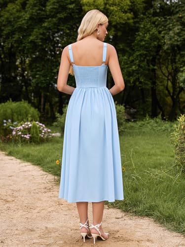 Image of KUTUMAI Floral Corset Midi Dress Flowy Slit Summer Spring Wedding Guest Dresses for Women Sundress with Pockets