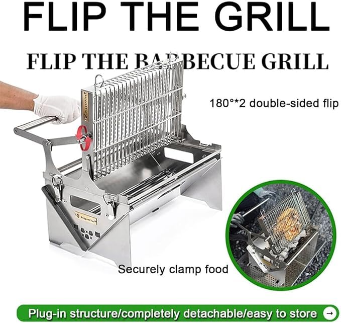Parrilla giratoria portátil de acero inoxidable para barbacoa al aire libre y camping, fácil de asar y divertida experiencia de cocina