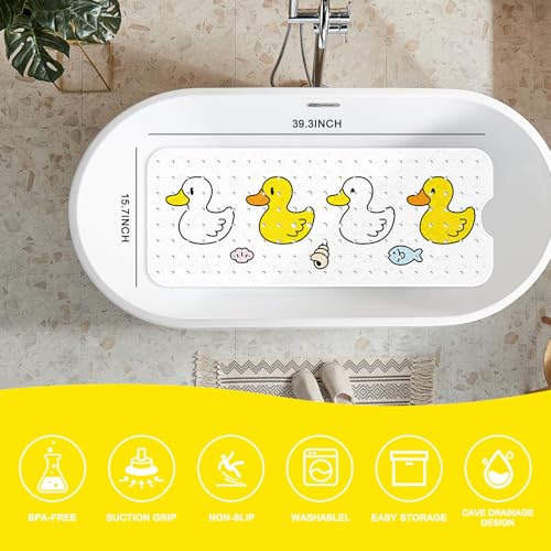 Image of PRATIQUE Kids Bath Mat for Tub Non Slip,40 X 16 Inch Extra Long Kids Bathtub Mat Duck Bathtub Shower Mat Safety Anti Slip with Suction Cups and Drain Holes, Machine Washable