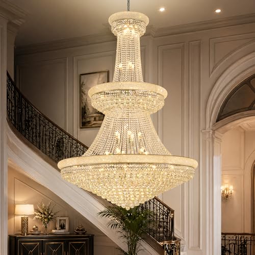 VISRACK 48" Large Crystal Chandelier, Modern LED Ceiling Light, Chrome Empire Fixture for High Ceiling, Foyer, Entryway, Dining Room &ndash; Luxury Statement Lighting (Chrome, 48")