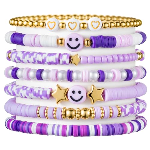 LieToi 7Pcs Preppy Heishi Bracelets for Women Girls - Surfer Bracelets Polymer Clay Stackable Disc Summer Beach Y2K Stretch Birthday Gift