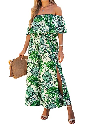 Image of CUPSHE Women Ruffle Floral Maxi Summer Dress Off Shoulder Short Sleeve Backless Flounce Bodice Slit Hem Beach Dresses