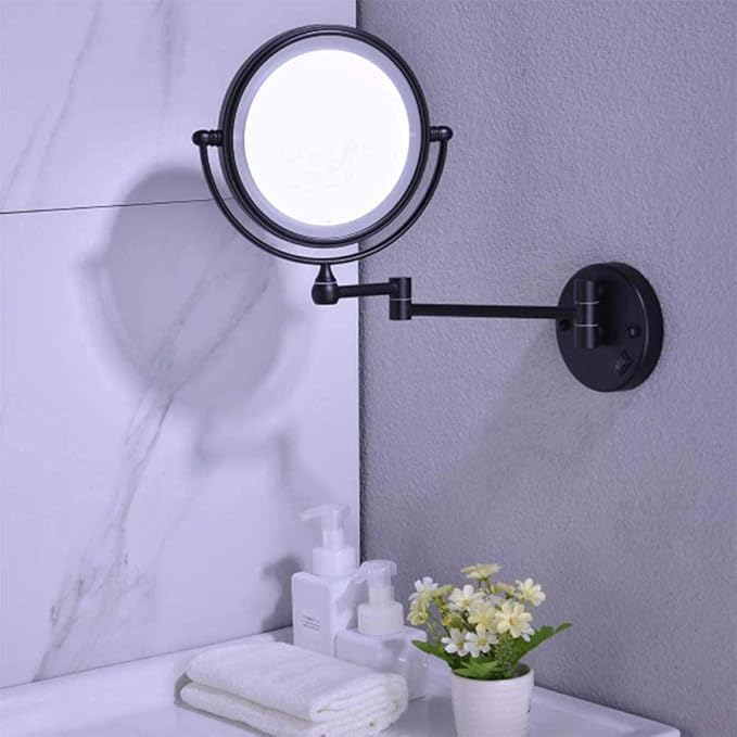 Image of Brass LED Mirror Dual Side Round Mirror for Bathroom 360 Swivel with Zoom View | Magnifying Shaving Makeup Vanity Mirror Wall Mounted (LED Black)