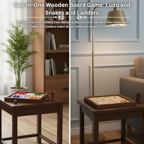 Image of inch2-in-1 Wooden Board Game Set in Brown - Ludo & Snakes & Ladders | Handcrafted Sheesham Wood | Classic Family Game for Kids & Adults | Includes Pawns & Dice | Durable Indoor Fun inch 10.5 x 10.5 Inches