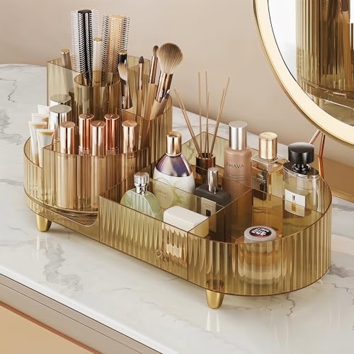 Booklov Rotating Makeup Organizer for Vanity Large Capacity Cosmetic Display Case Clear Acrylic Countertop Beauty Storage Holder for Skincare Brush Eyeshadow Lipstick Counter Desk Crystal Amber