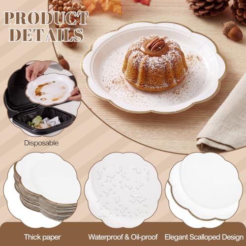 Image of 30 Pcs Brown and White Paper Plates 7 In Scalloped Fall Plates Disposable