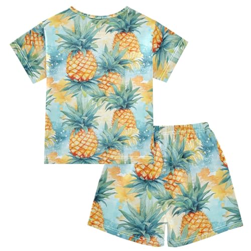 ALAZA Pineapples on Vintage Background Pajama Set Short Sleeve Sleepwear Soft Lounge Nightwear2