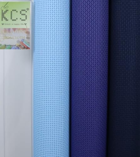 Image of KCS 3 pc of 15 inch x 18 inch(38cmx45cm) 11 Count Cross Stitch Cotton Aida Cloth Needlework Rolled Fabric Box,11CT,Light Blue+Royal Blue+Navy Blue