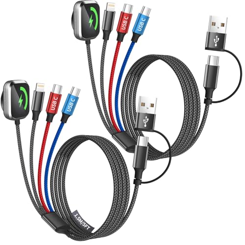 Dual Type-C Port 4 in 2 Multi Charging Cable for iWatch Charger/iPhone17/IP, Cruise Travel Essentials 2026, USBA/USBC Cable for iWatch Ultra/SE/11-2, iPhone17-8, Pad, GalaxyS26, Car Charger- 2Pcs 5FT