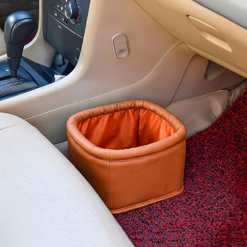 Image of Leather Car Trash Can, Luxury Car Organizer, Leakproof Garbage Can for Car and Trucks, Orange