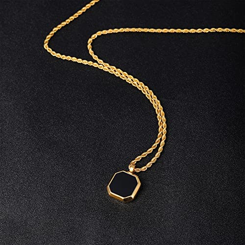 TRUMIUM Black Onyx Pendant Necklace for Mens Womens 14k Gold Plated Stainless Steel Necklace Square Rectangle Pendant Rope Chain 22inch2