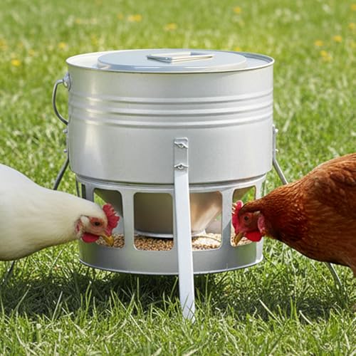 KOL Metal Chicken Feeder - 20lbs No Waste Chicken Feeder with 12 Ports Powder Coated Rust-Proof Design & Smooth Edges for Safe Feeding (Silver)