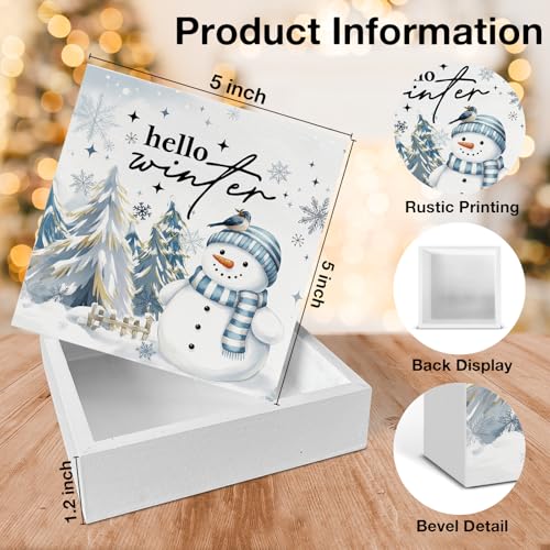 Image of Winter Decor, Blue Snowman Christmas Wood Box Sign, Seasonal Winter Holiday Decorations for Home Office Shelf 5 X 5 Inches