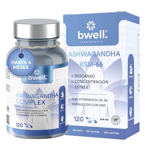 Ashwagandha Ksm-66 Pura 600mg Alta Biodisponibilidad Nootropico Natural 120 Capsulas para Cortisol Estres Sueño Sistema Inmunitario Extracto Raiz Zinc Triptofano Ingredientes Naturales sin OGM BWELL