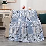 Hounest Colcha para Cama 150, Cubre Cama 135 Verano,Algodón + Poliéster Manta Multiuso de Patchwork Suave y Cómoda(150 x 200 cm, color azul floral)