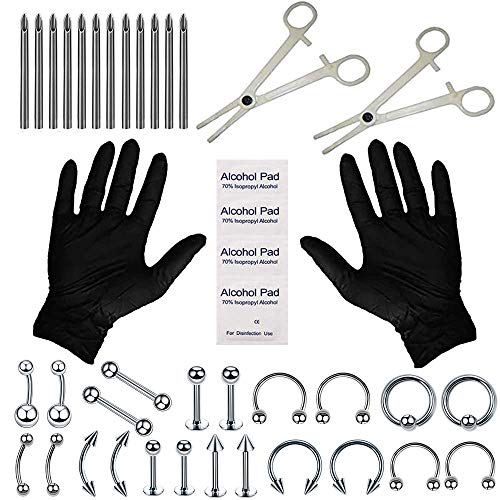 Romlon Piercing Kits - 40Pcs Professional Piercing Kit Surgical Steel Piercing Jewelry Kit 14G 16G 18G Piercing Needles Disposable Piercing Clamps Belly Ring Tongue Tragus Nipple Nose for Piercing Sup