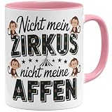 OM3® lustige Kaffee-Tasse mit Spruch - Nicht mein Zirkus nicht meine Affen - Zirkuszelt Äffchen - Statement Bürotasse IV - Keramik Becher - 325ml - Beidseitig Bedruckt - Rosa