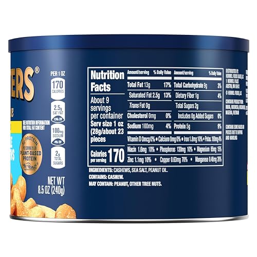 Image of PLANTERS Deluxe Salted Whole Cashews, Party Snacks, 5g (9% DV) Plant-Based Protein, 8.5 oz Canister (Pack of 12)