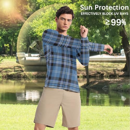 Blue Black Tartan Plaid Men's Swim Shirts UPF 50+ Fishing Long Sleeve Men's Sun Protection Long Sleeve Outdoors4