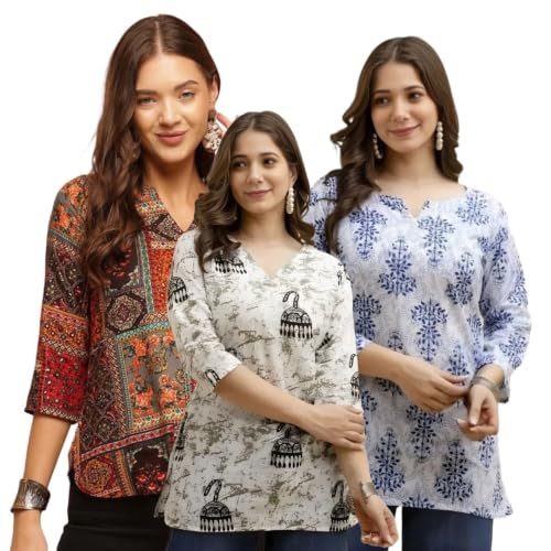 Image of Women's Printed Short Kurti Tops Rayon Cotton Blend Tunic Combo