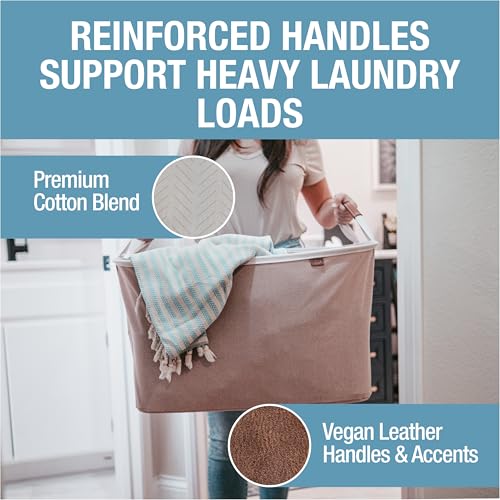 Image of CleverMade Collapsible Laundry Basket LUXE 2 Pack - 60 L (16 Gal) Foldable Cotton Blend Clothes Hamper with Vegan Leather Accents, Reinforced Handles, Space Saving Laundry Bin Holds 55 lbs - Cream