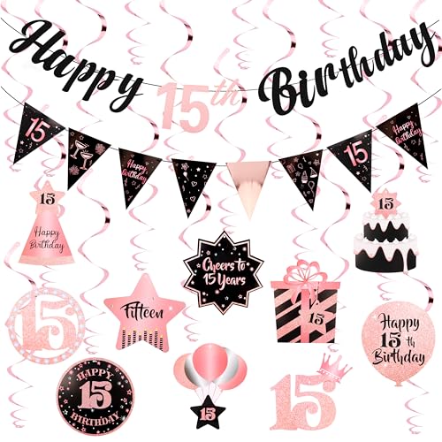 Image of 15th Birthday Decorations for Girls Rose Gold Pink Pre Strung Happy 15th Birthday Banner and Hanging Swirls 15 Year Old Party Decorations Supplies
