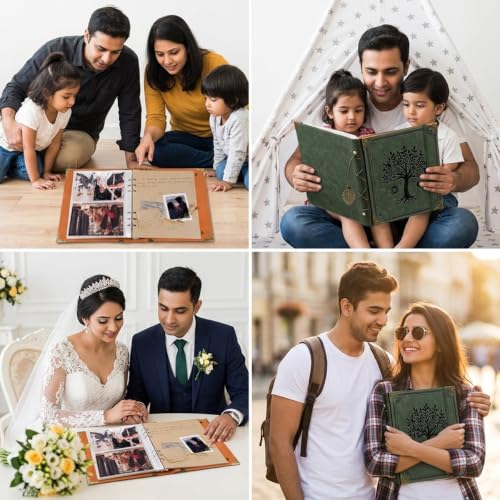 Image of HASTHIP Vintage Photo Album 4x6 Leather Scrapbook Album with Writing Space Refillable Memory Book Tree of Life Design for Travels Anniversary Family Keepsakes