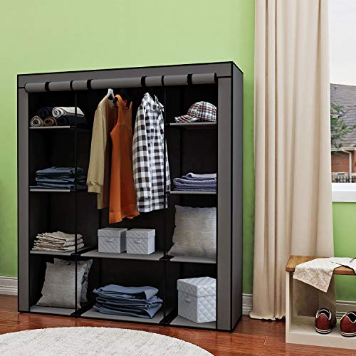Homebi Clothes Closet Portable Wardrobe Durable Clothes Storage Organizer Non-Woven Fabric Cloth Storage Shelf with Hanging Rod and 10 Shelves for Extra Storage, 59.05" W x 17.72" D x 65.4" H (Grey)