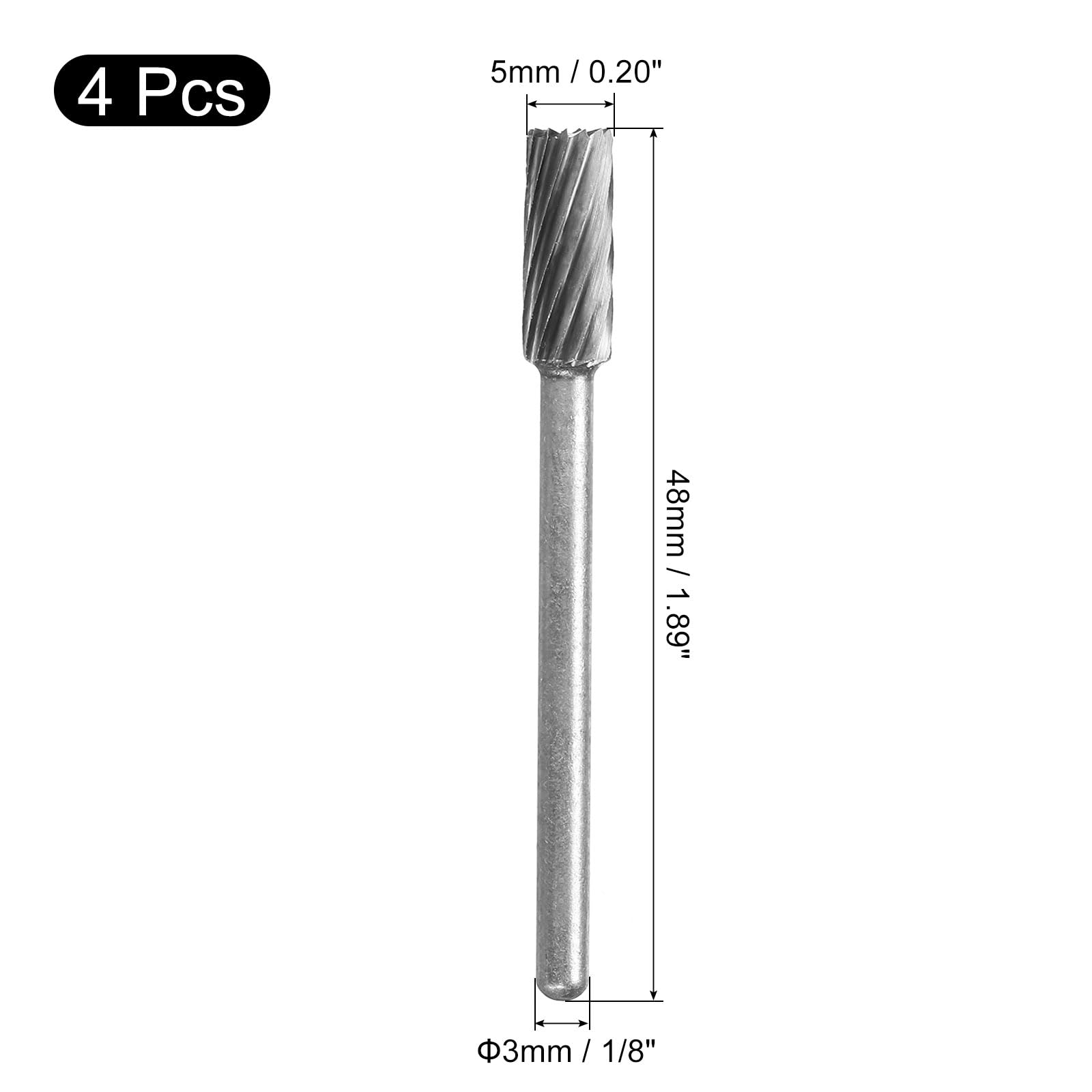 QUARKZMAN Frezy obrotowe z węglika wolframu 1/8", frezy obrotowe z końcówką cylindra cylindrycznego pojedynczego cięcia 5 mm średnica, do polerowania rzeźbienia w twardej stali stopowej, 4 szt